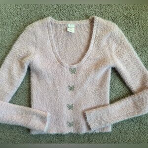 Women's Soft pink rhinestone butterfly fuzzy Sweater